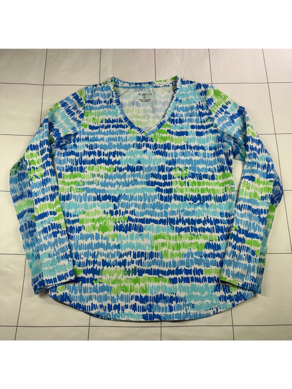 Icikuls Top Womens Medium Blue Green Print V Neck Long Sleeve Mesh Athleisure